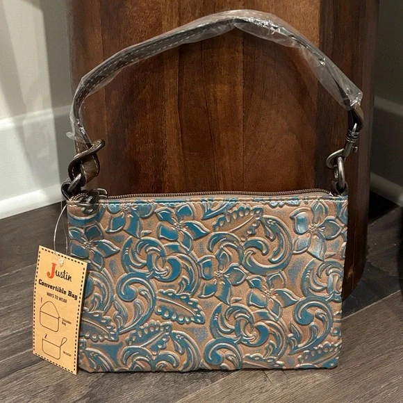 Justin Convertible Shoulder/wristlet bag,zip top,3 card slot,tooled aqua floral - Picture 2 of 5
